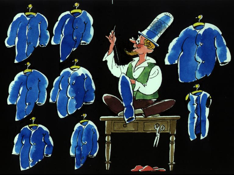 Der Schneider und seine fertigen Jacken © Zeichnung: H.-E. Ernst 