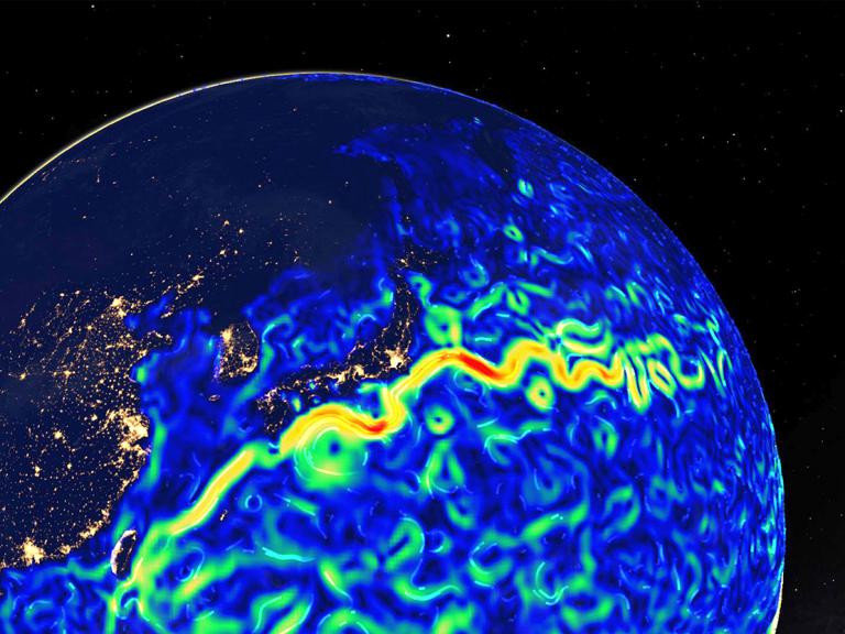 Das Bild zeigt Meeresströmungen, hier vor den japanischen Inseln. © Evans & Sutherland / Digistarprogrammierung: Stiftung Planetarium Berlin / Daten: NASA 