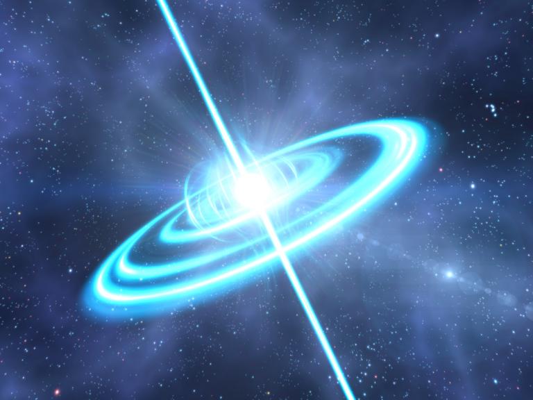 Übrig bleibt ein schnell rotierender Neutronenstern, ein sogenannter Pulsar. © Clark Planetarium Salt Lake City