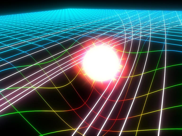 Simulation: Masse wirkt auf die Raum-Zeit und verbiegt gerade verlaufende Lichtbahnen. © Clark Planetarium Salt Lake City 